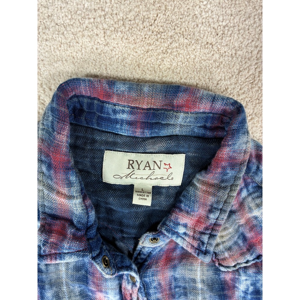 Ryan Michael Womens Indigo Plaid Western Shirt Acid Wash Cotton R1705FH Large - Picture 4 of 6